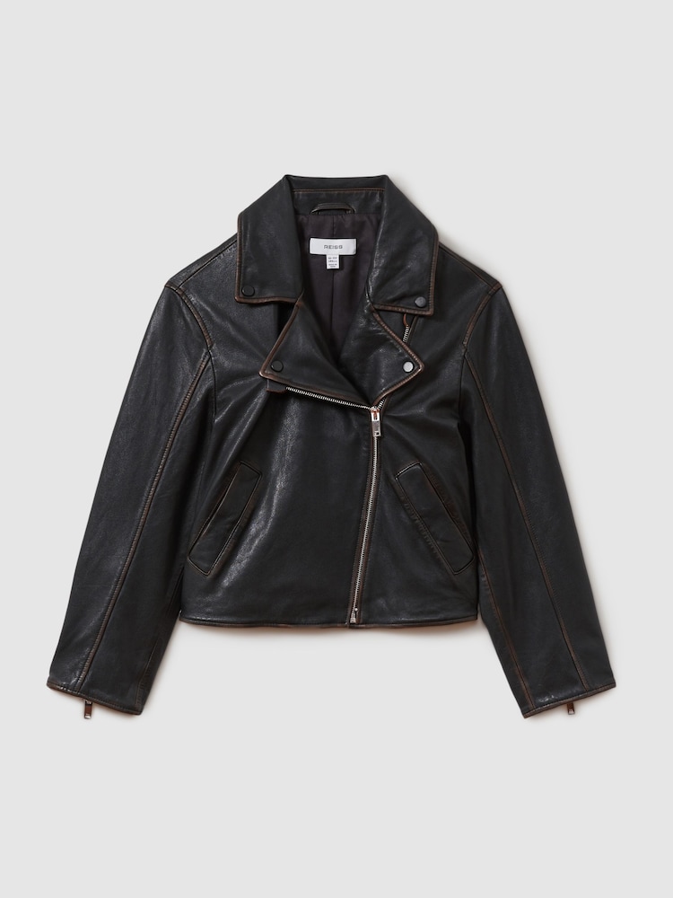 Reiss Black Beau 13-14 yrs Relaxed Leather Biker Jacket - Image 1 of 5