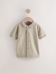 Stone Short Sleeves Textured Button Through 100% Cotton Jumpers - Image 1 of 4