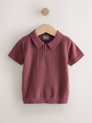 Burgundy Red Berry Textured Zip Neck With Short Sleeves Polo 100% Cotton Jumper - Image 1 of 1