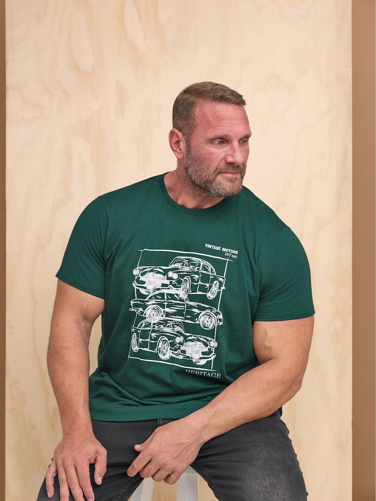 BadRhino Big & Tall Green 100% Cotton Vintage Motors T-Shirt - Image 1 of 4