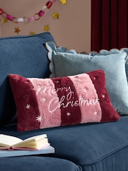 Furn BurgundyPink Merry Christmas Faux Fur Stripe Fibre Filled Cushion - Image 1 of 4