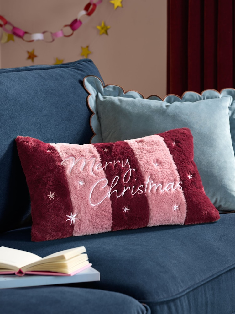 Furn BurgundyPink Merry Christmas Faux Fur Stripe Fibre Filled Cushion - Image 1 of 4 Furn BurgundyPink Merry Christmas Faux Fur Stripe Fibre Filled Cushion - Image 1 of 4