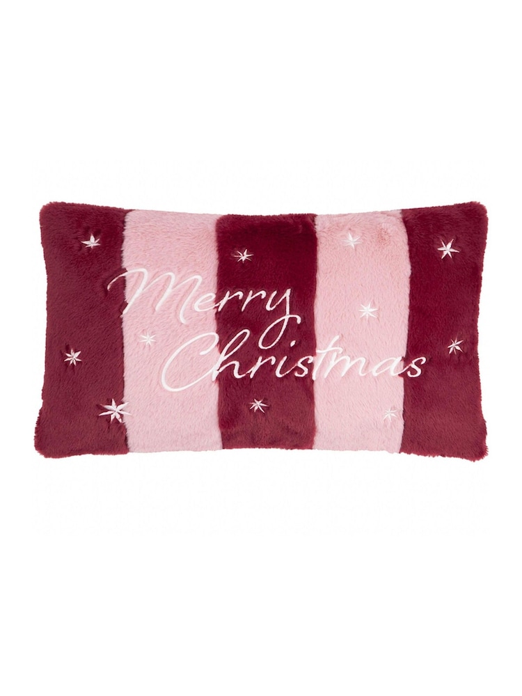 Furn BurgundyPink Merry Christmas Faux Fur Stripe Fibre Filled Cushion - Image 2 of 4 Furn BurgundyPink Merry Christmas Faux Fur Stripe Fibre Filled Cushion - Image 2 of 4