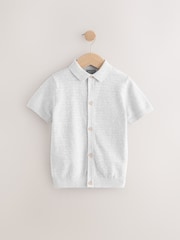 Light Grey Short Sleeves 100% Cotton Textured Button Through Jumper - Image 1 of 4