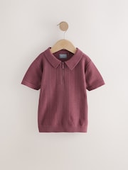 Burgundy Red Berry Textured Zip Neck With Short Sleeves 100% Cotton Polo Jumper - Image 1 of 4