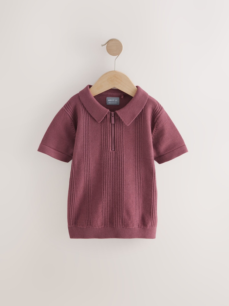 Burgundy Red Berry Textured Zip Neck With Short Sleeves 100% Cotton Polo Jumper - Image 1 of 4