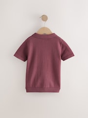 Burgundy Red Berry Textured Zip Neck With Short Sleeves 100% Cotton Polo Jumper - Image 2 of 4