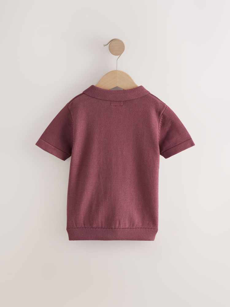 Burgundy Red Berry Textured Zip Neck With Short Sleeves 100% Cotton Polo Jumper - Image 2 of 4