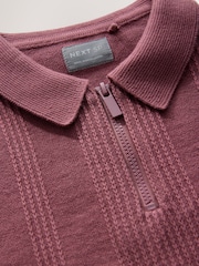 Burgundy Red Berry Textured Zip Neck With Short Sleeves 100% Cotton Polo Jumper - Image 3 of 4