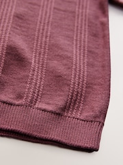 Burgundy Red Berry Textured Zip Neck With Short Sleeves 100% Cotton Polo Jumper - Image 4 of 4