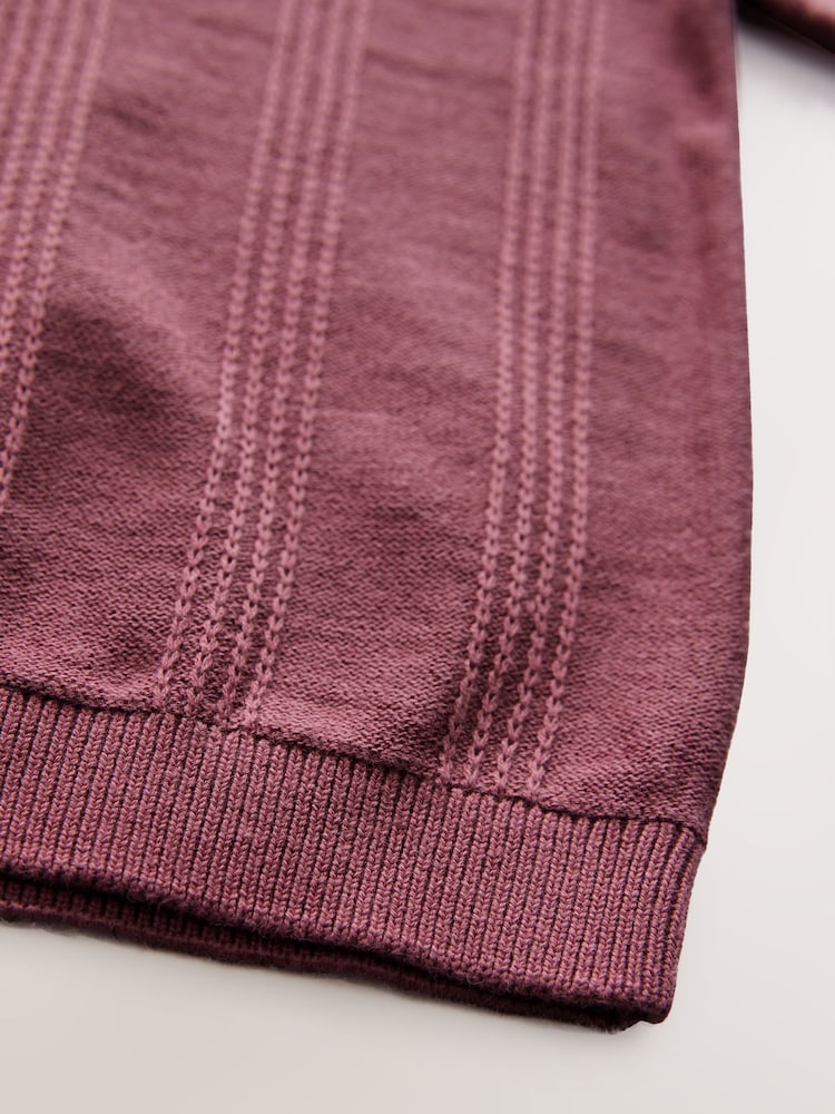 Burgundy Red Berry Textured Zip Neck With Short Sleeves 100% Cotton Polo Jumper - Image 4 of 4