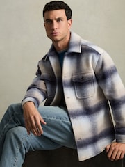 Reiss Blue Multi Kinkade Brushed Wool-Blend Check Overshirt - Image 1 of 6