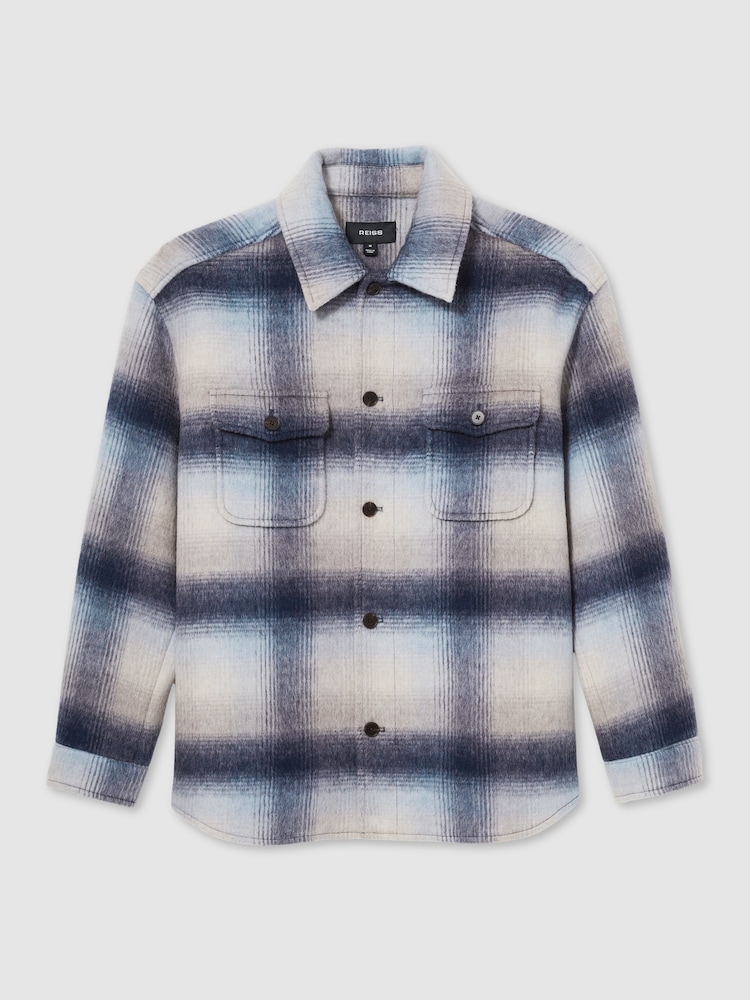 Reiss Blue Multi Kinkade Brushed Wool-Blend Check Overshirt - Image 2 of 6