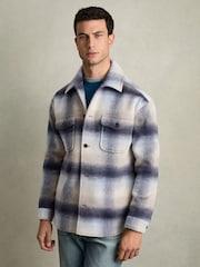Reiss Blue Multi Kinkade Brushed Wool-Blend Check Overshirt - Image 4 of 6