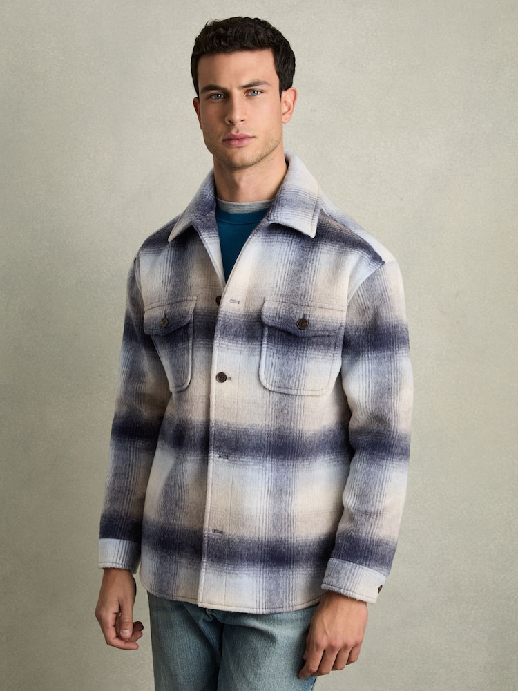 Reiss Blue Multi Kinkade Brushed Wool-Blend Check Overshirt - Image 4 of 6