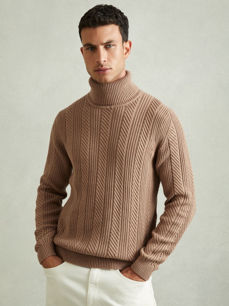 Reiss Camel Flick Cabled Roll-Neck Jumper with Cotton and Wool - Image 1 of 5