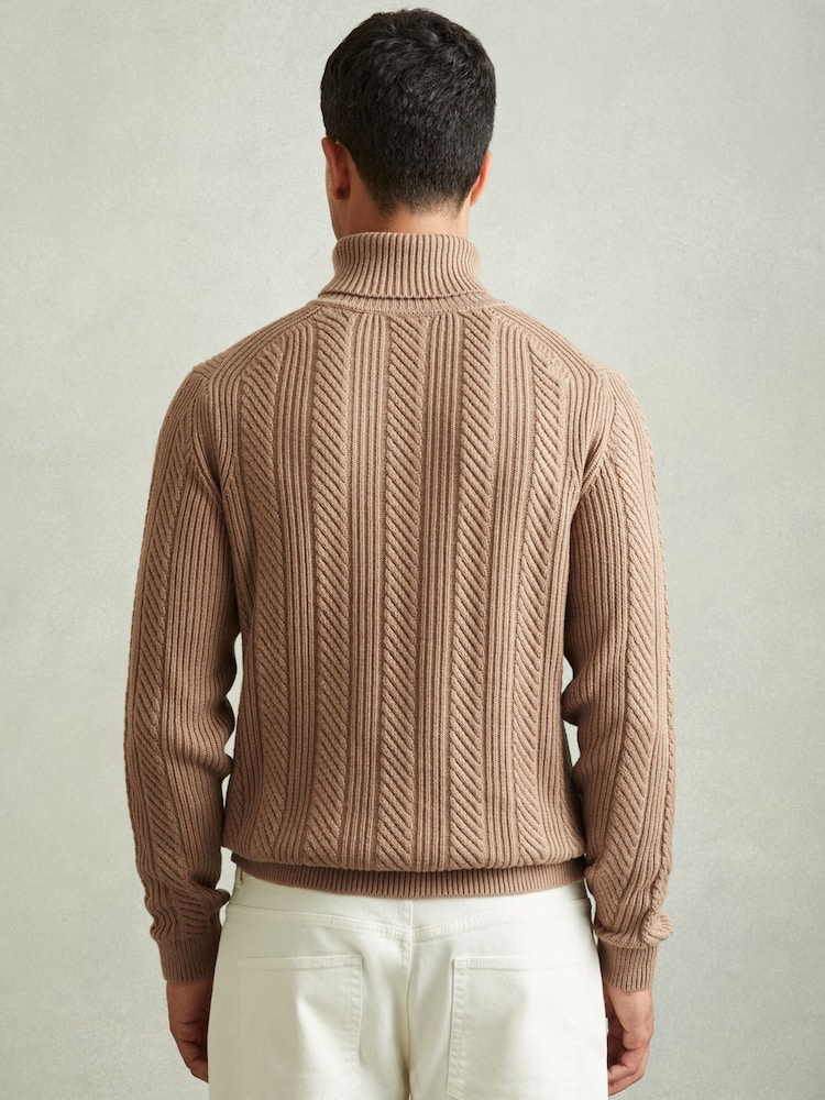 Reiss Camel Flick Cabled Roll-Neck Jumper with Cotton and Wool - Image 4 of 5