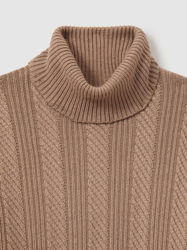 Reiss Camel Flick Cabled Roll-Neck Jumper with Cotton and Wool - Image 5 of 5