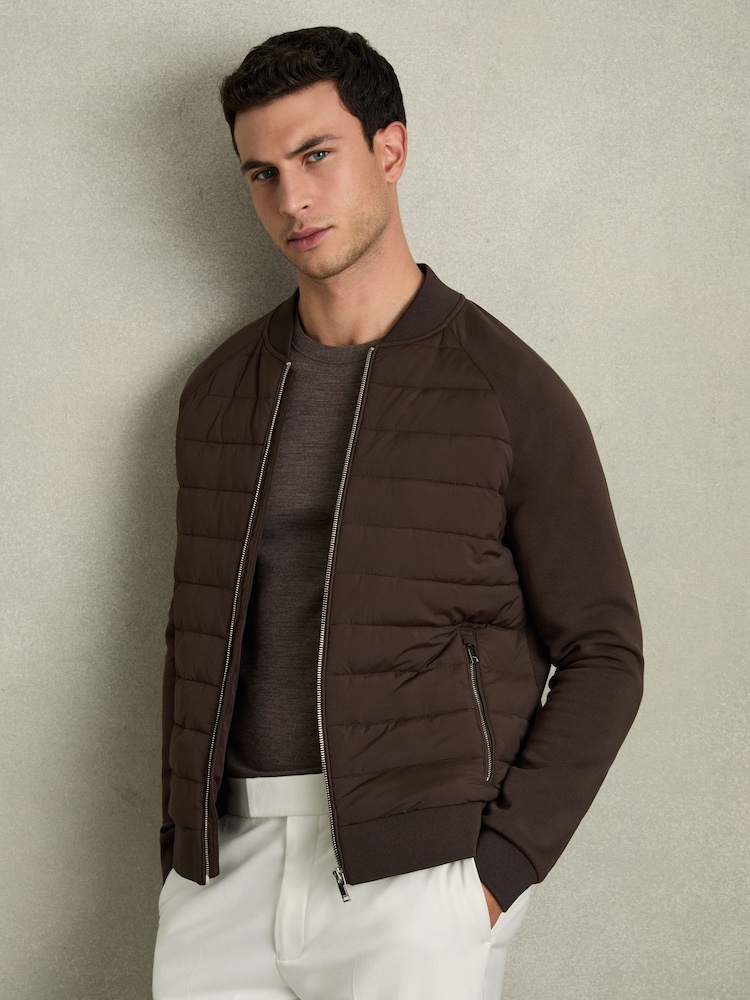 Reiss Dark Chocolate Rochdale Hybrid Quilt Raglan-Sleeve Bomber Jacket - Image 1 of 5