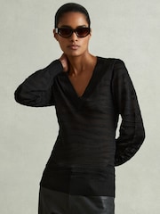 Reiss Black Zana Striped V-Neck Jumper - Image 1 of 6