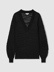 Reiss Black Zana Striped V-Neck Jumper - Image 2 of 6