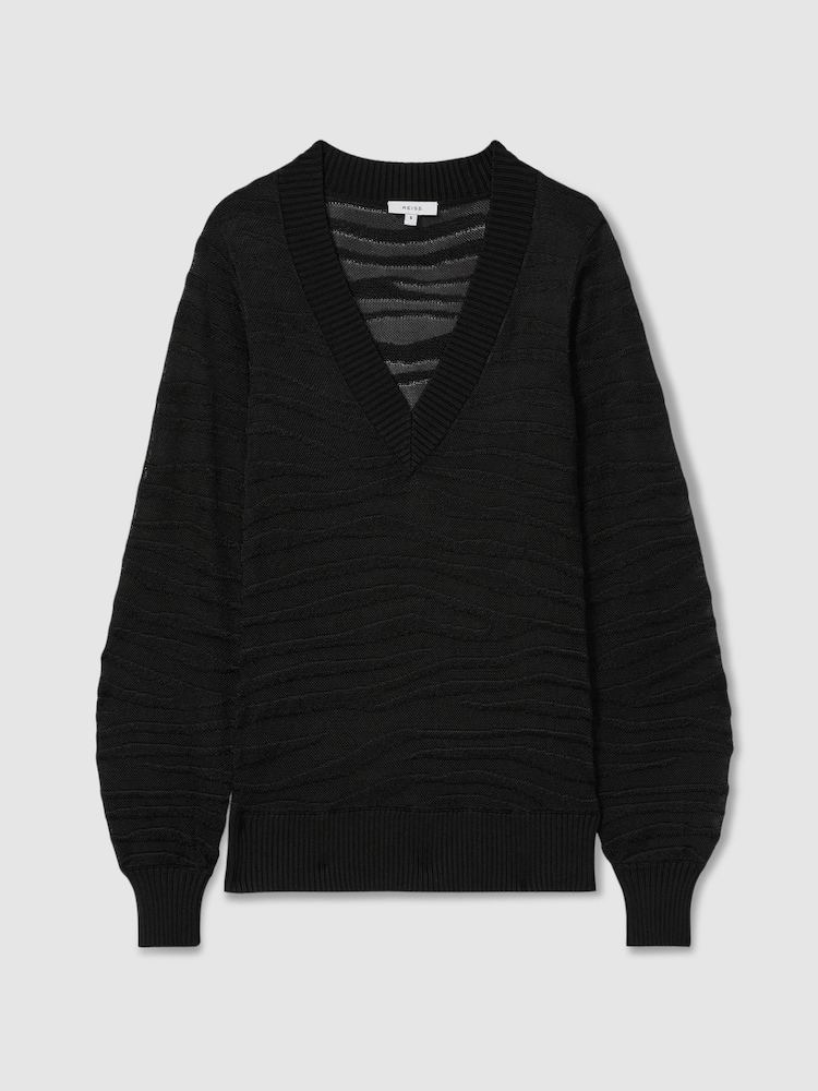 Reiss Black Zana Striped V-Neck Jumper - Image 2 of 6