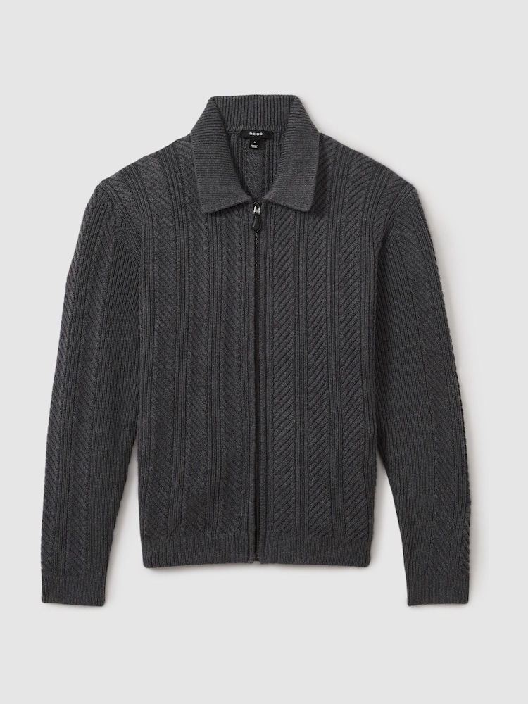 Reiss Winnie Zip Through Cabled Jumper with Cotton and Wool - Изображение 2 из 6