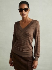 Reiss Mink Zana Striped V-Neck Jumper - Image 1 of 6