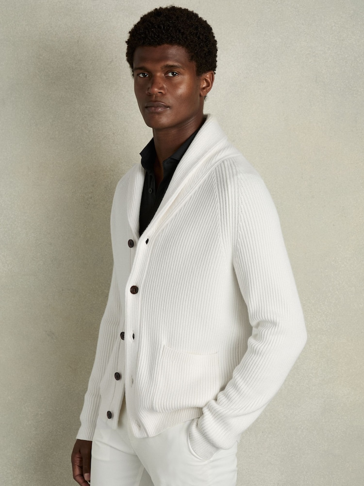 Reiss White Winters Ribbed Shawl-Collar Cardigan with Cotton and Wool - Image 1 of 6