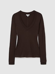 Reiss Chocolate Brady Jersey V-Neck Top - Image 2 of 7