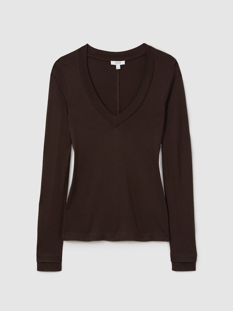 Reiss Chocolate Brady Jersey V-Neck Top - Image 2 of 7