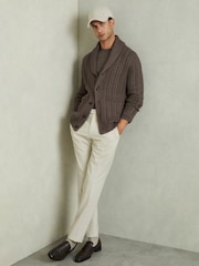 Reiss Taupe Melange Armitage Cabled Shawl-Collar Cardigan with Cotton and Wool - Image 1 of 6