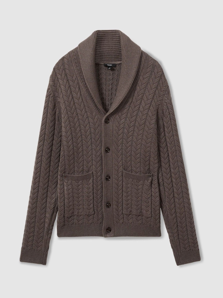 Reiss Taupe Melange Armitage Cabled Shawl-Collar Cardigan with Cotton and Wool - Image 2 of 6