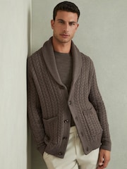 Reiss Taupe Melange Armitage Cabled Shawl-Collar Cardigan with Cotton and Wool - Image 3 of 6