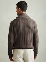 Reiss Taupe Melange Armitage Cabled Shawl-Collar Cardigan with Cotton and Wool - Image 4 of 6