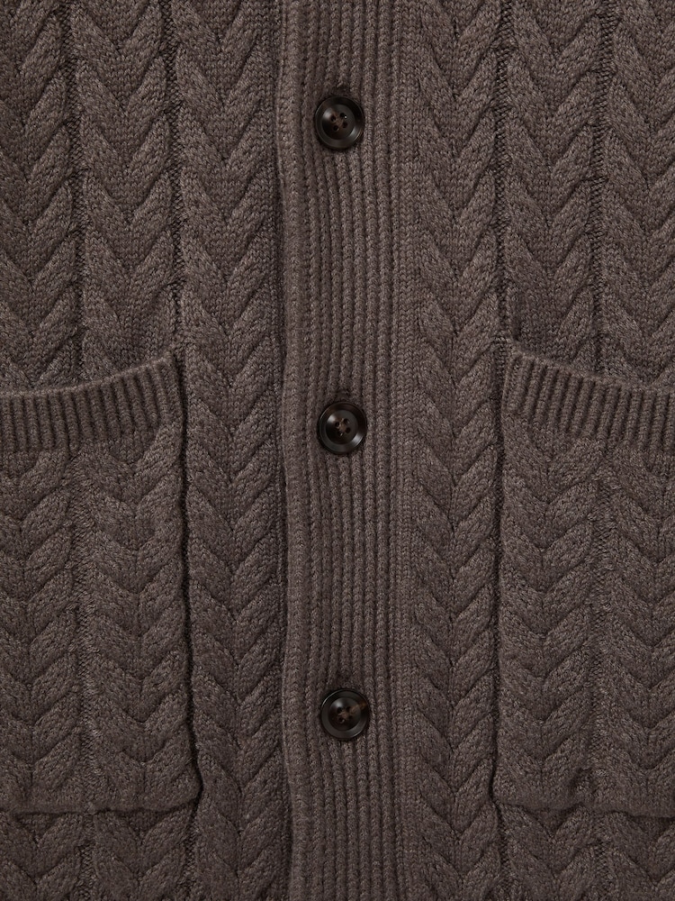 Reiss Taupe Melange Armitage Cabled Shawl-Collar Cardigan with Cotton and Wool - Image 6 of 6