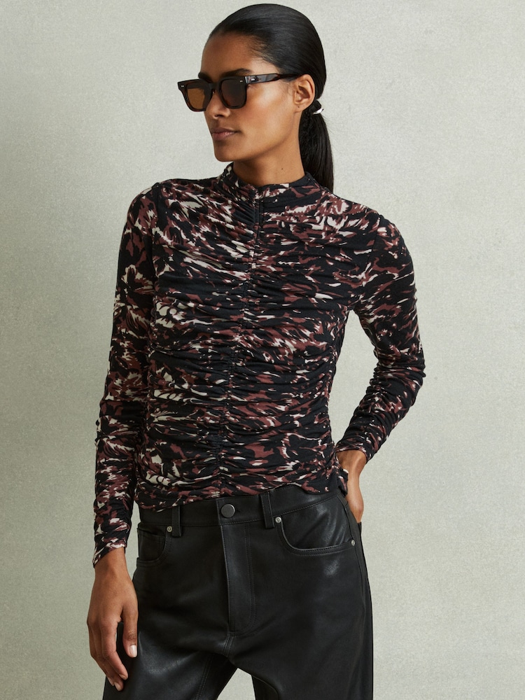 Reiss Black/Brown Tammy Printed Ruched Top - Image 1 of 5