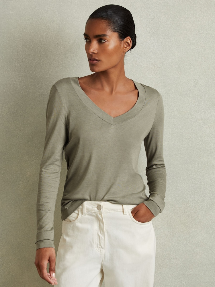 Reiss Sage Brady Jersey V-Neck Top - Image 1 of 6