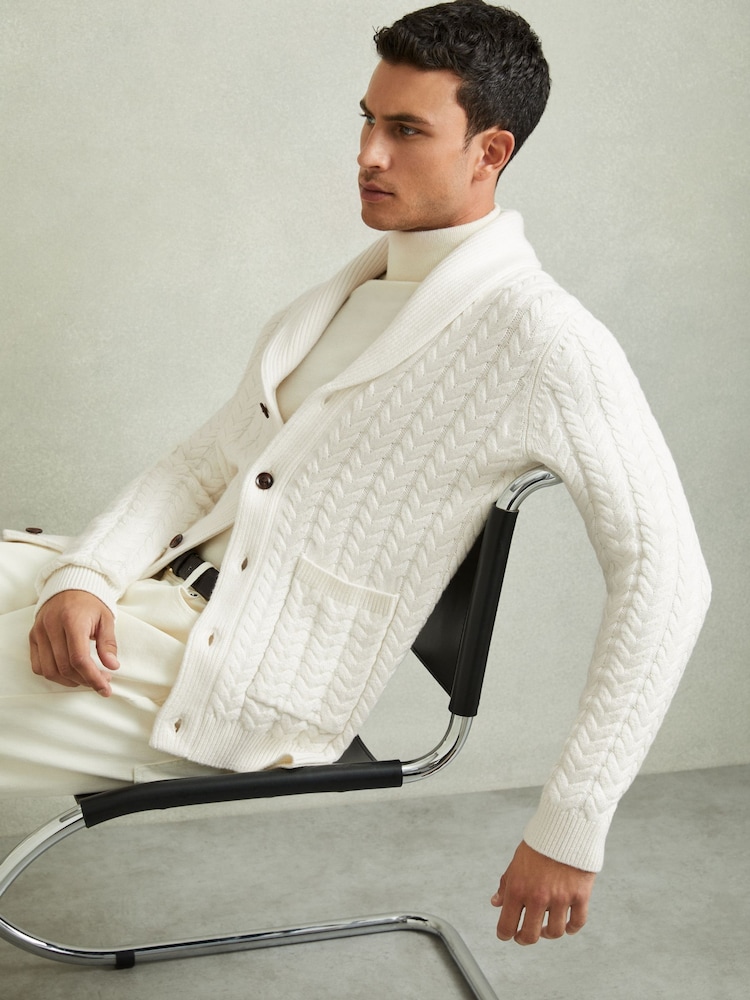 Reiss White Armitage Cabled Shawl-Collar Cardigan with Cotton and Wool - Image 1 of 6
