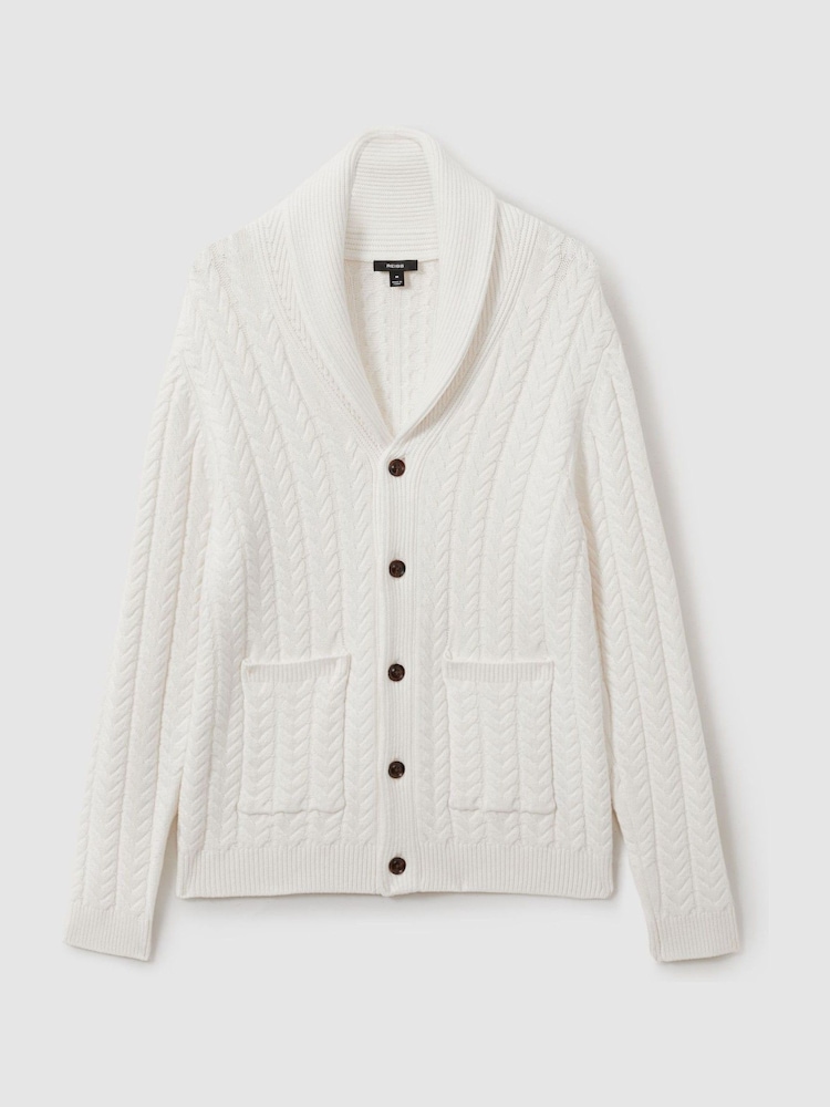 Reiss White Armitage Cabled Shawl-Collar Cardigan with Cotton and Wool - Image 2 of 6