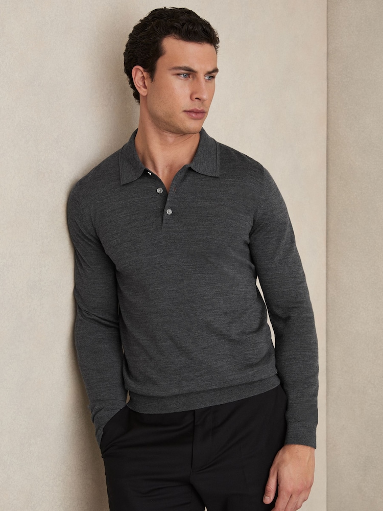 Reiss Derby Grey Marl Trafford Merino Wool Polo Shirt - Image 1 of 5