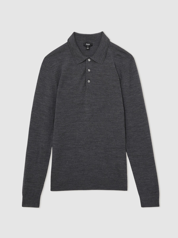 Reiss Derby Grey Marl Trafford Merino Wool Polo Shirt - Image 2 of 5
