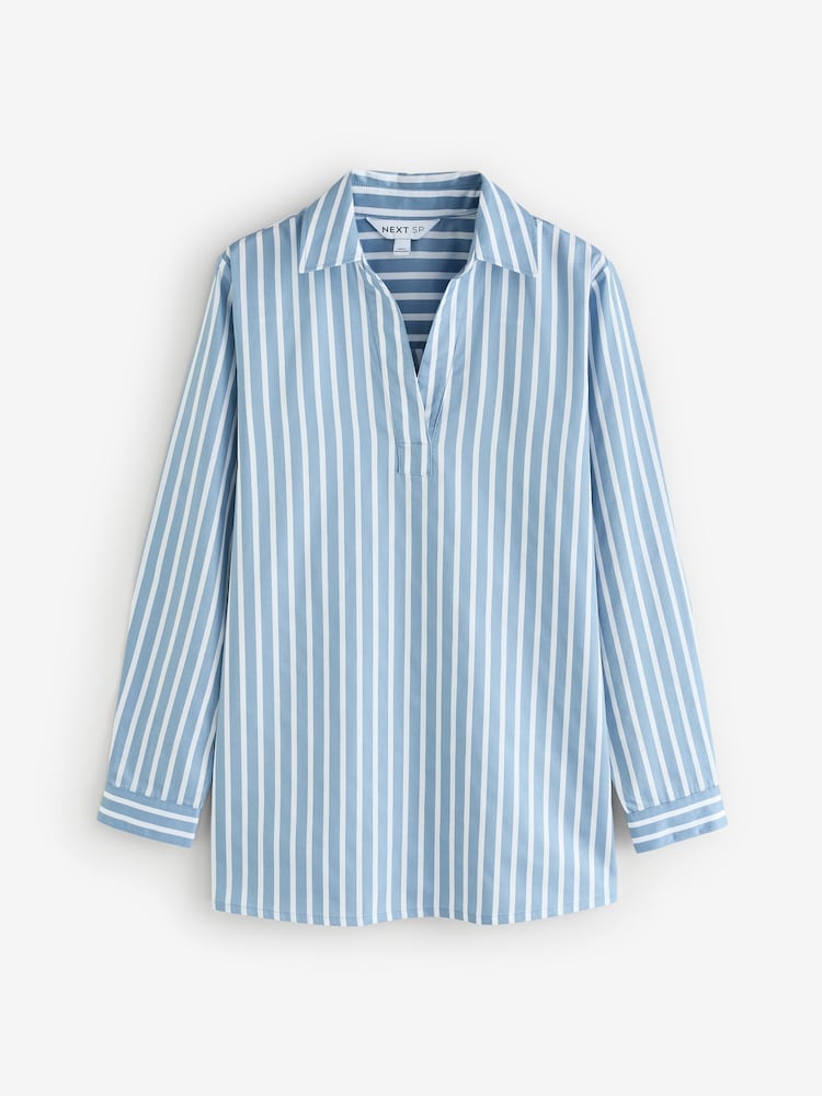 Blue Long Sleeves Midi 100% Cotton Shirt Dress - Image 1 of 3