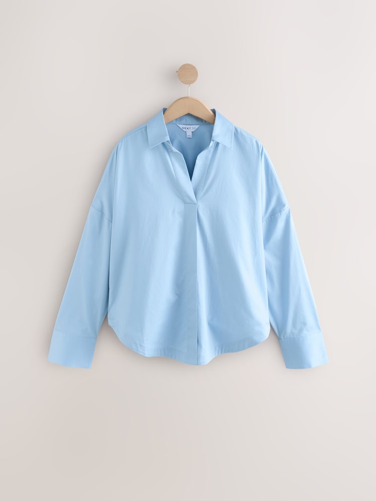 Blue Long Sleeves 100% Cotton Wrap Blouse - Image 1 of 3