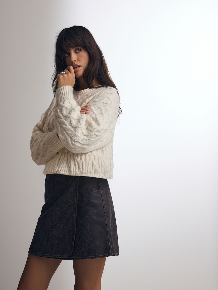 Brown Leather Look 100% Cotton Mini Wrap Denim Skirt - Image 1 of 9