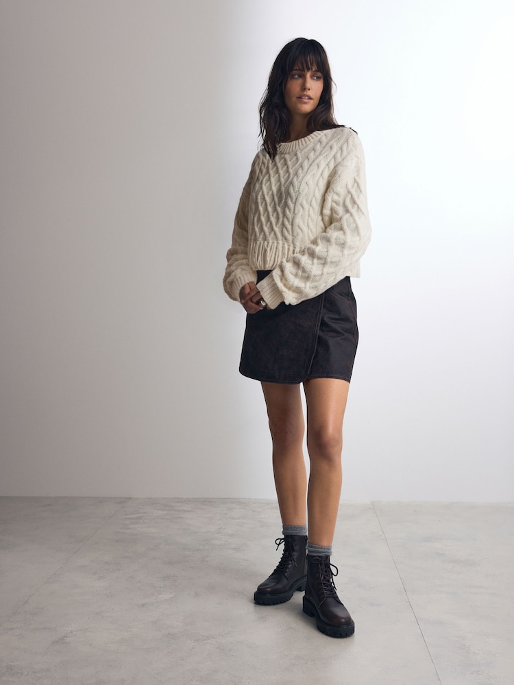Brown Leather Look 100% Cotton Mini Wrap Denim Skirt - Image 2 of 9