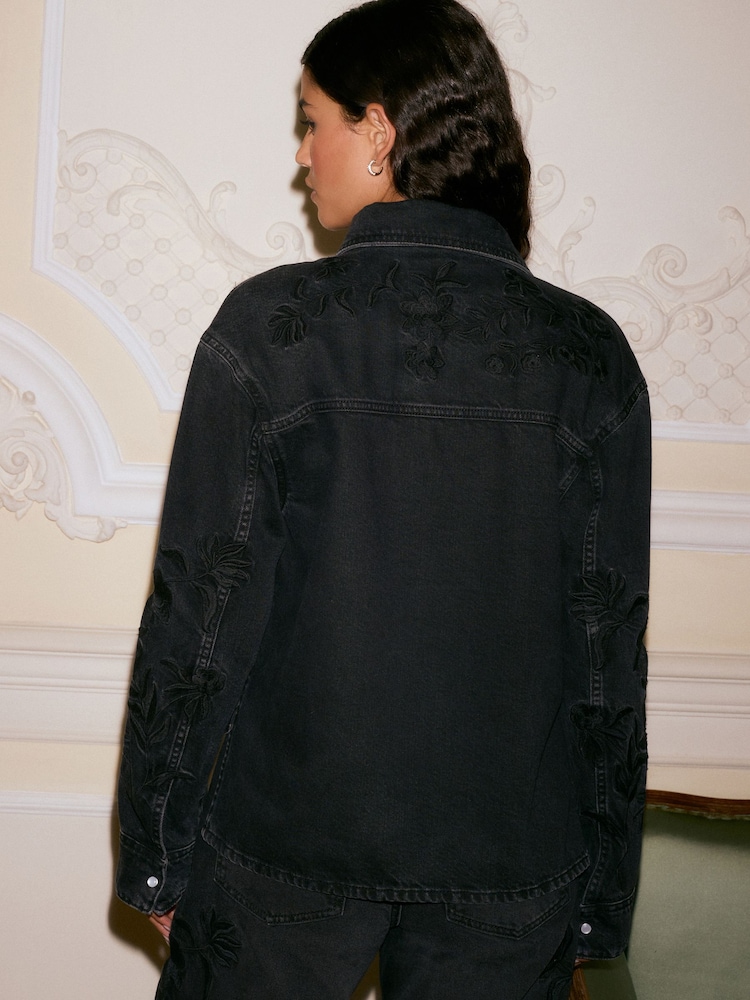 Noir - Denim brodé 100Veste en coton - Image 3 of 7