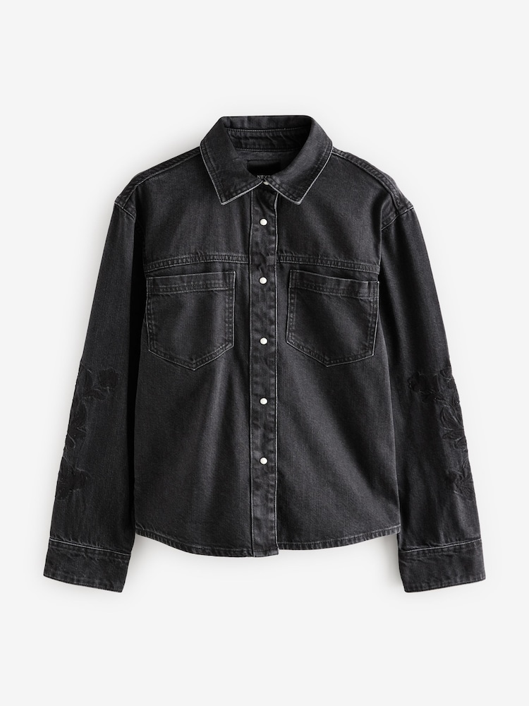 Noir - Denim brodé 100Veste en coton - Image 5 of 7