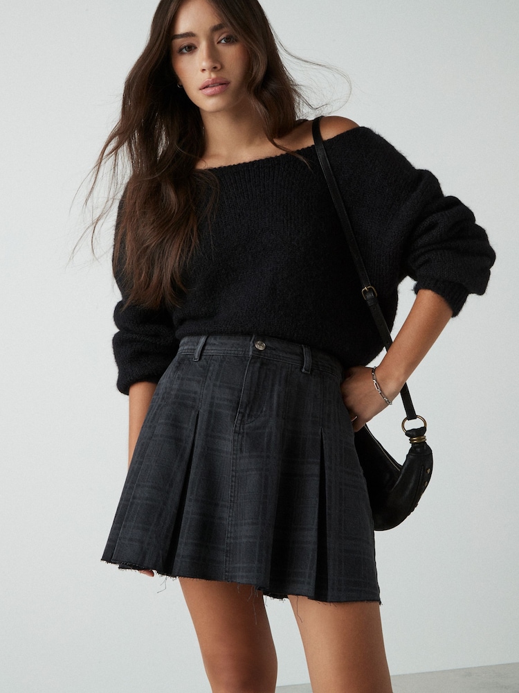 Black Check 100% Cotton Pleated Denim Mini Skirt - Image 1 of 5