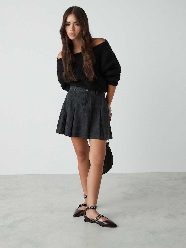 Black Check 100% Cotton Pleated Denim Mini Skirt - Image 2 of 5